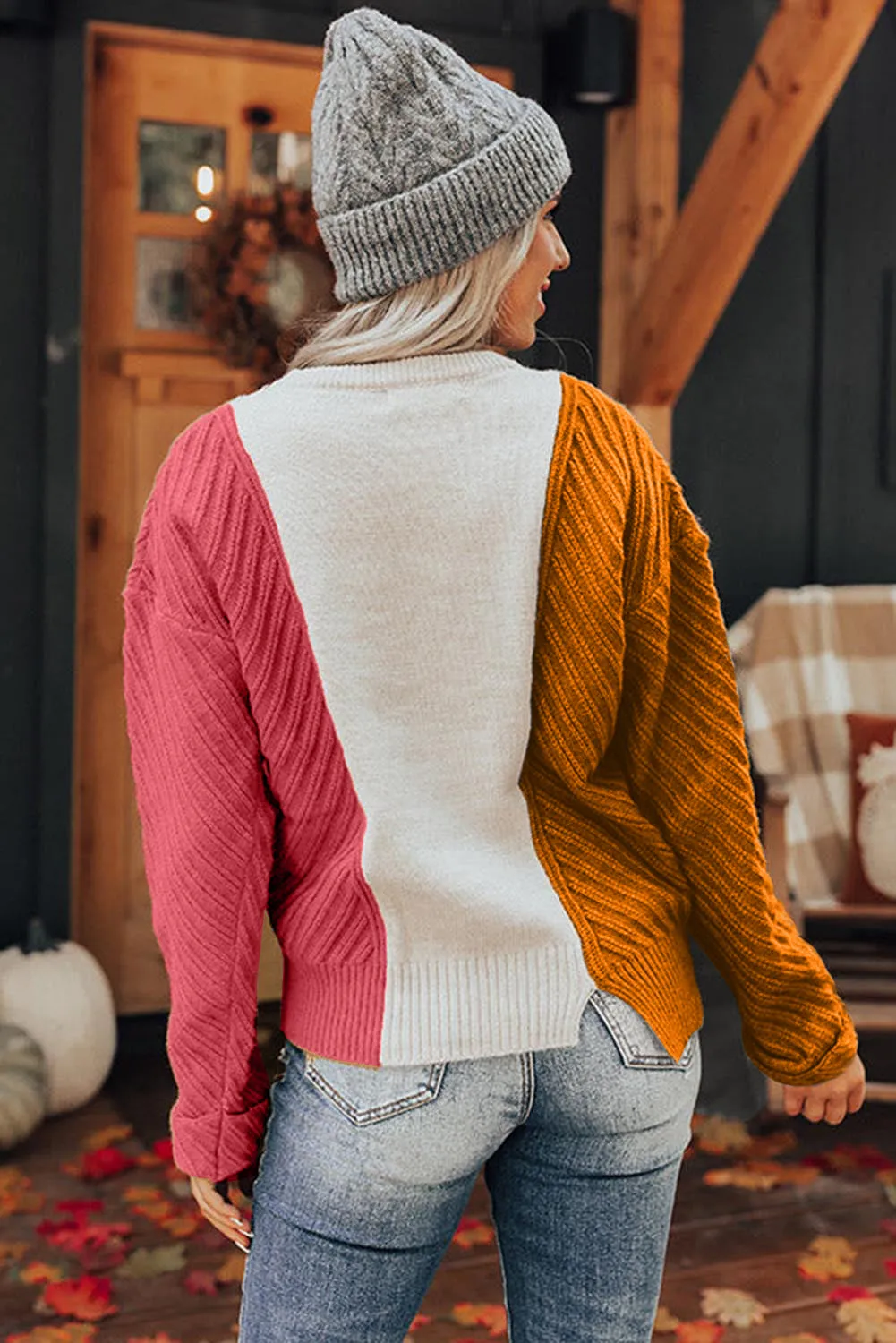 Multicolor Colorblock Textured Drop Shoulder Sweater