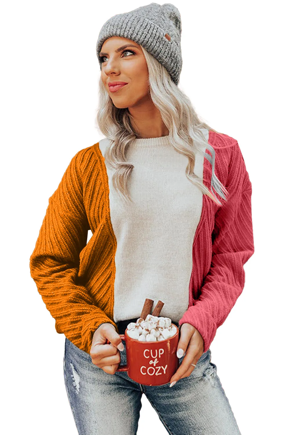 Multicolor Colorblock Textured Drop Shoulder Sweater