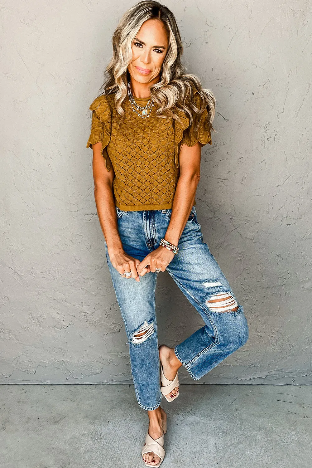 Mustard Ruffled Short Sleeve Textured Knit Sweater