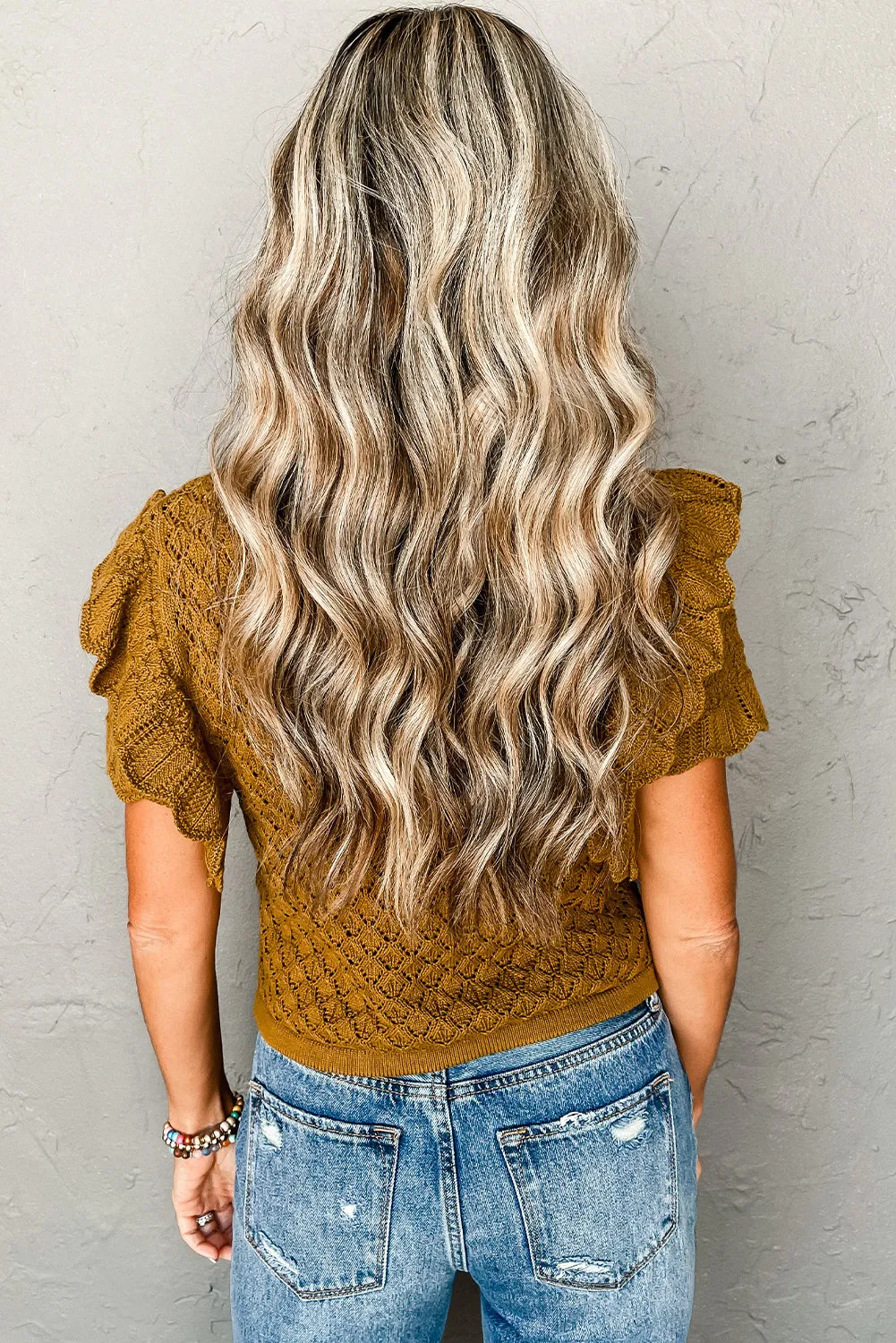 Mustard Ruffled Short Sleeve Textured Knit Sweater