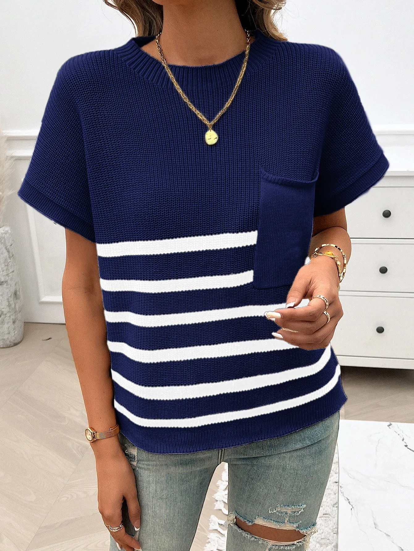 Navy Blue Textured Striped Top