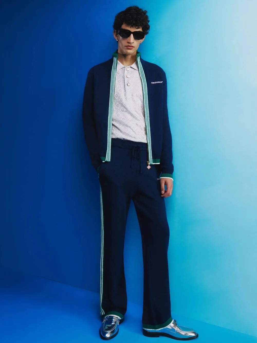 Navy Knit Tennis Track Top