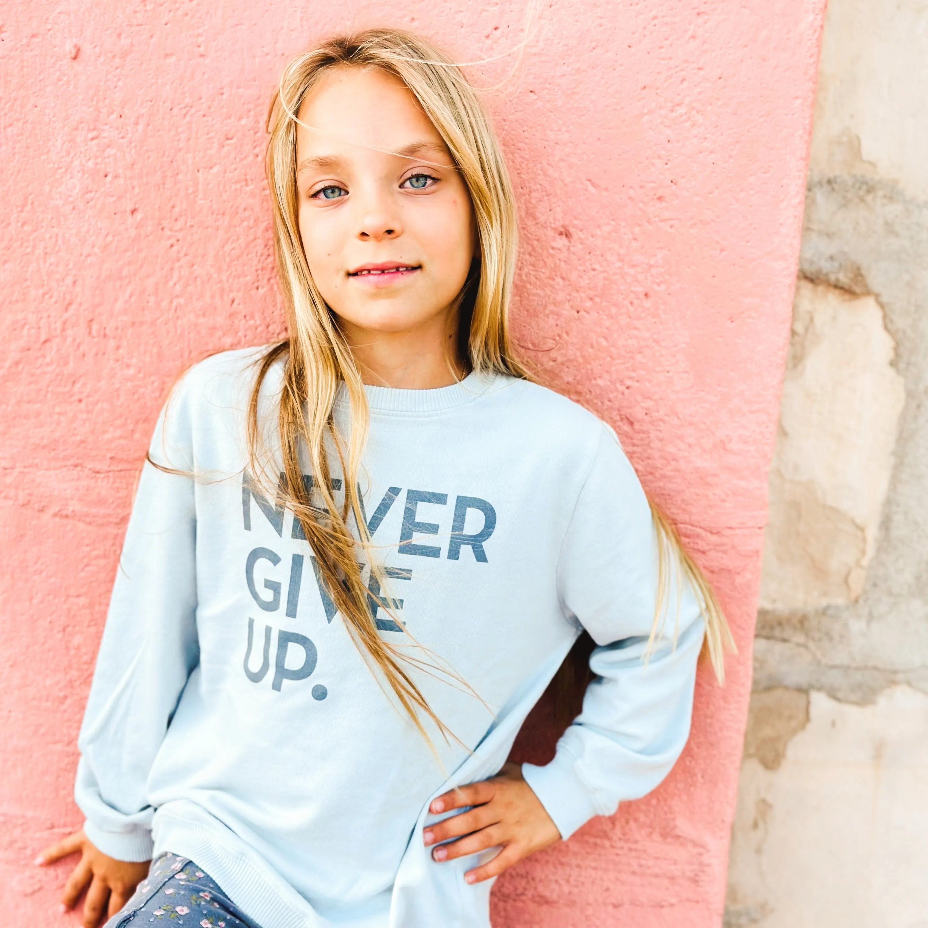 NEVER GIVE UP. GLACIER GRAY PULLOVER