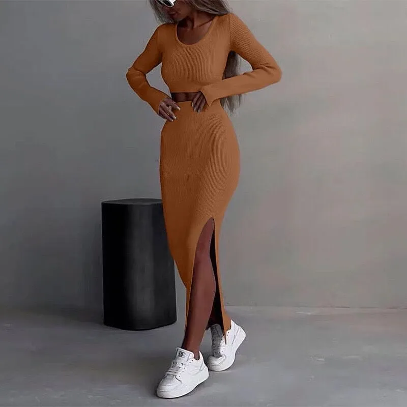 New Women's Autumn and Winter Styles, Solid Color Knitted Round-Neck Tops, Long Sleeve Slit Long Skirts, Two-Piece Set for Women C-240731-L6
