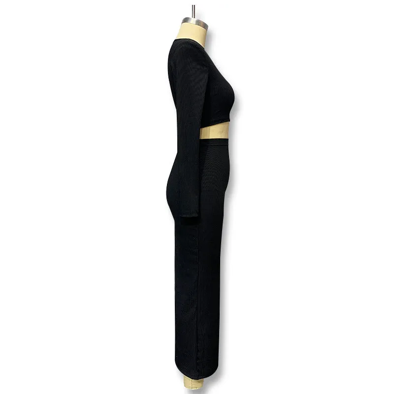 New Women's Autumn and Winter Styles, Solid Color Knitted Round-Neck Tops, Long Sleeve Slit Long Skirts, Two-Piece Set for Women C-240731-L6