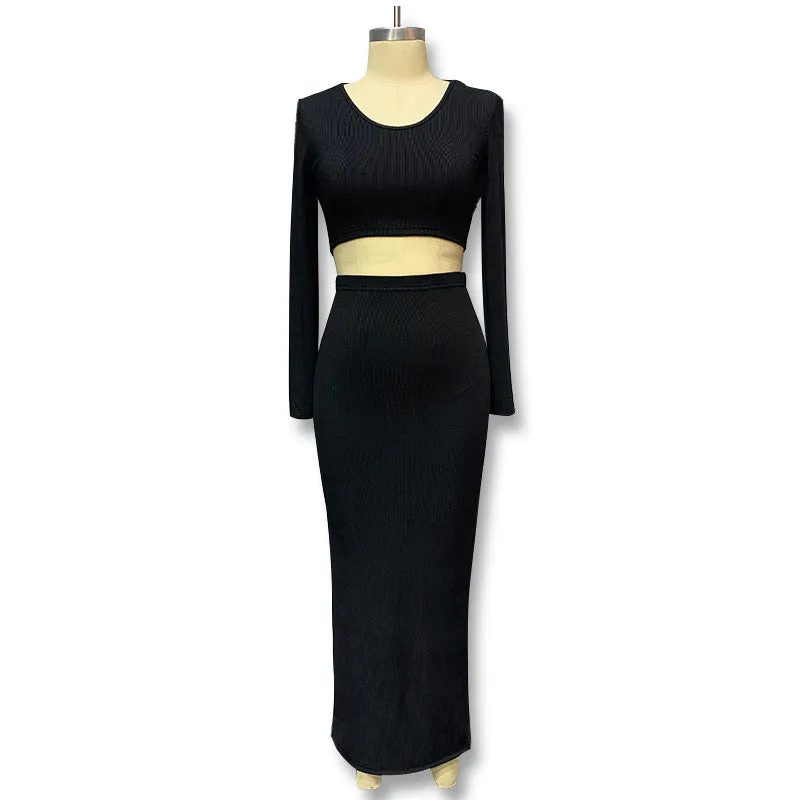 New Women's Autumn and Winter Styles, Solid Color Knitted Round-Neck Tops, Long Sleeve Slit Long Skirts, Two-Piece Set for Women C-240731-L6