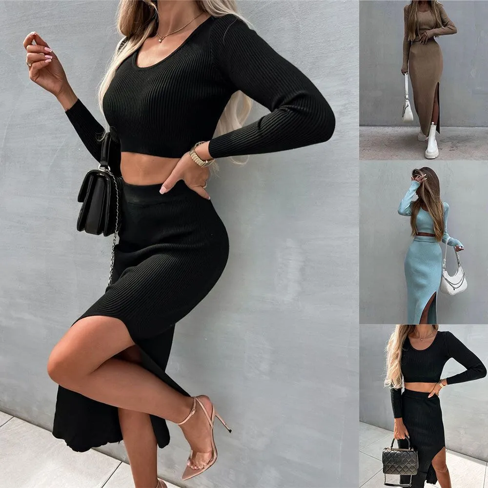 New Women's Autumn and Winter Styles, Solid Color Knitted Round-Neck Tops, Long Sleeve Slit Long Skirts, Two-Piece Set for Women C-240731-L6