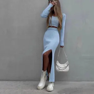 New Women's Autumn and Winter Styles, Solid Color Knitted Round-Neck Tops, Long Sleeve Slit Long Skirts, Two-Piece Set for Women C-240731-L6