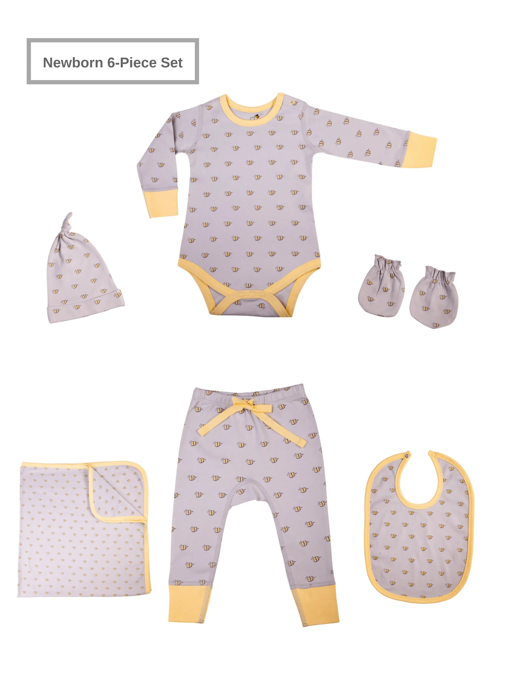 Newborn Baby Unisex Organic 6 Piece Set w/Long-Sleeve Bodysuit (0-3M)