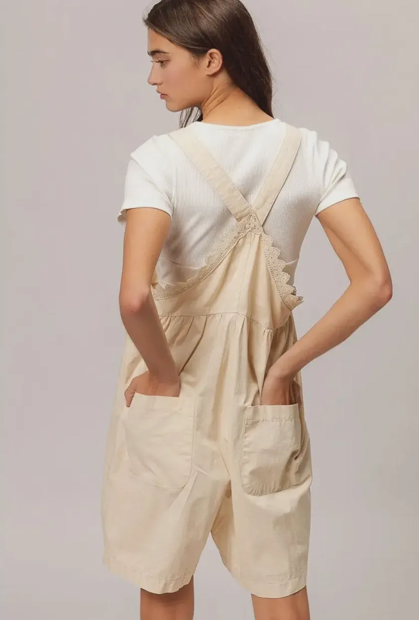 Oatmeal Back Patch Pocket Lace Overalls