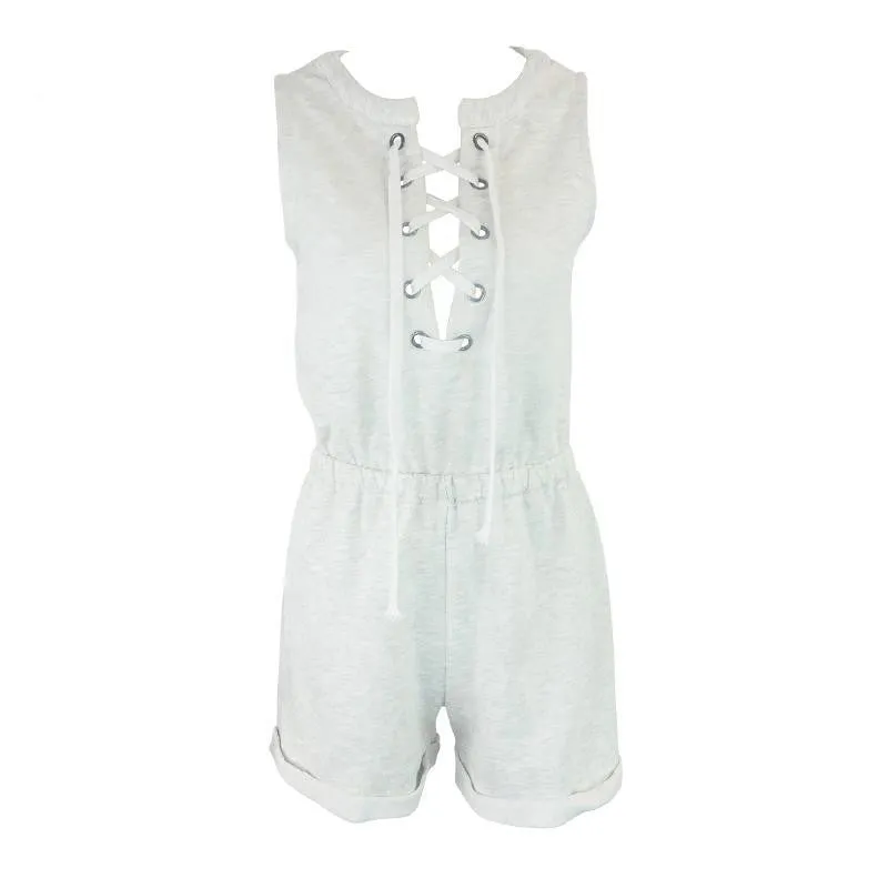One piece girls lace up jumpsuit romper Women high waist casual overalls Summer short beach sleeveless splaysuit