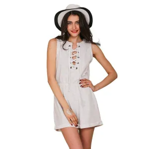 One piece girls lace up jumpsuit romper Women high waist casual overalls Summer short beach sleeveless splaysuit
