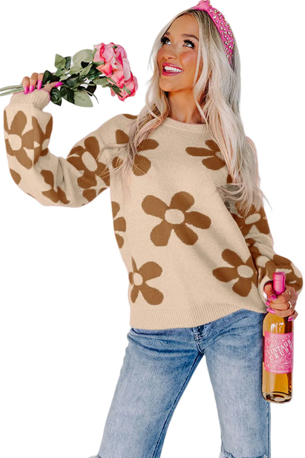 Parchment Rose Big Flower Knit Ribbed Trim Sweater