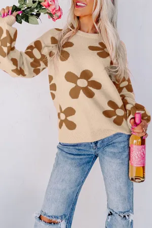 Parchment Rose Big Flower Knit Ribbed Trim Sweater