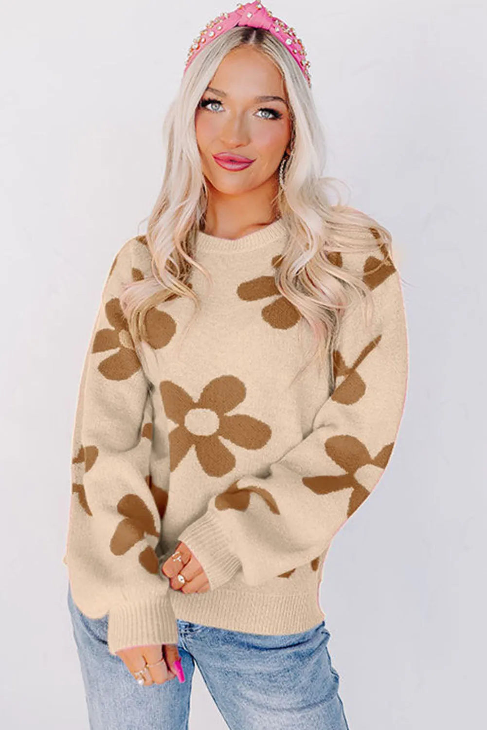 Parchment Rose Big Flower Knit Ribbed Trim Sweater