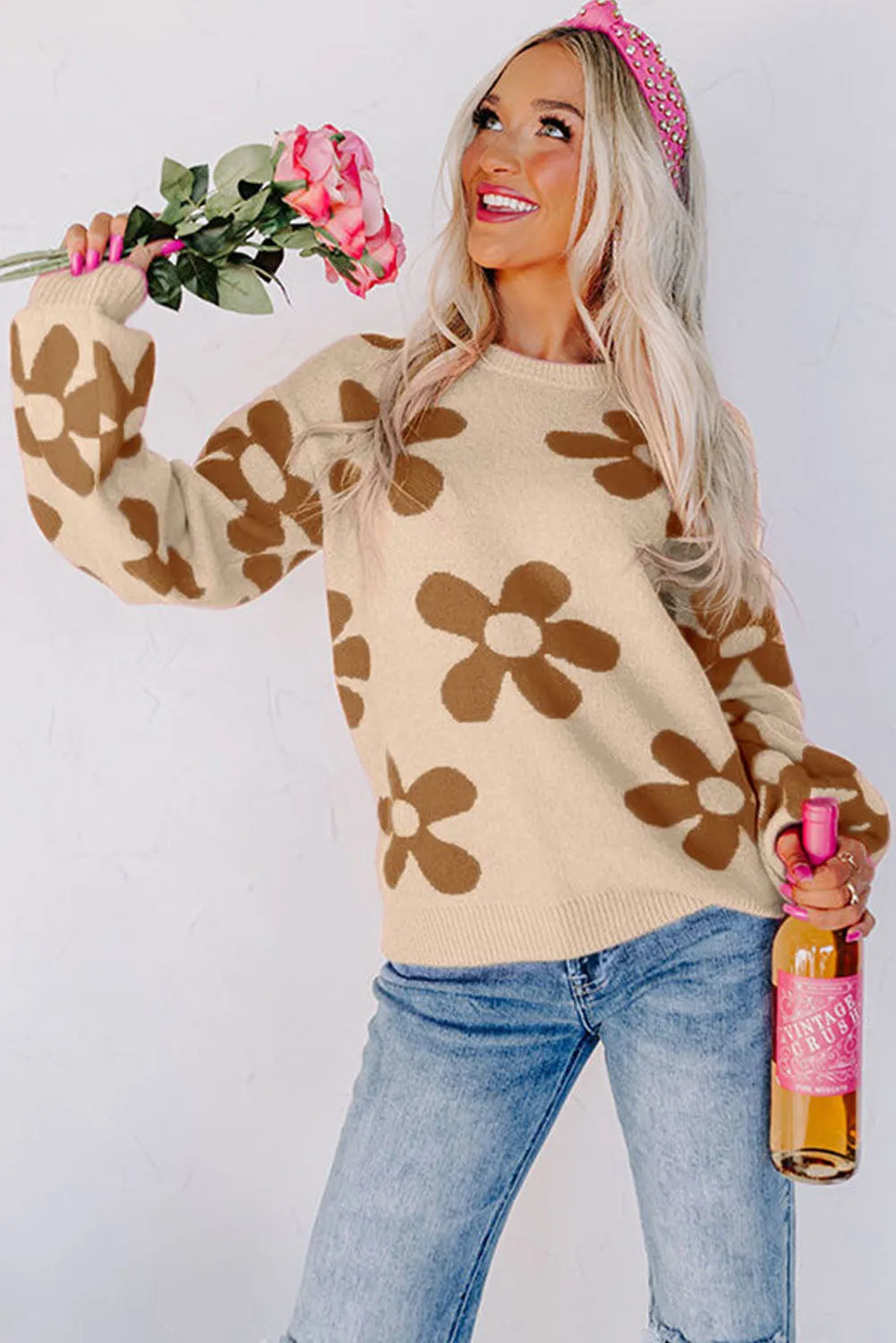 Parchment Rose Big Flower Knit Ribbed Trim Sweater