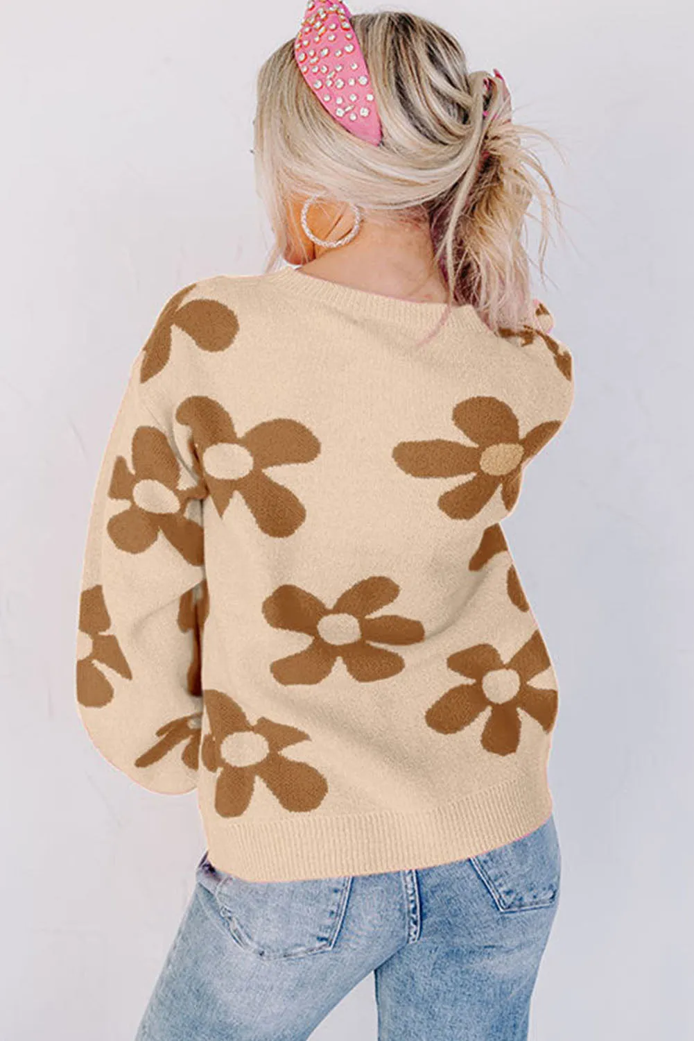 Parchment Rose Big Flower Knit Ribbed Trim Sweater