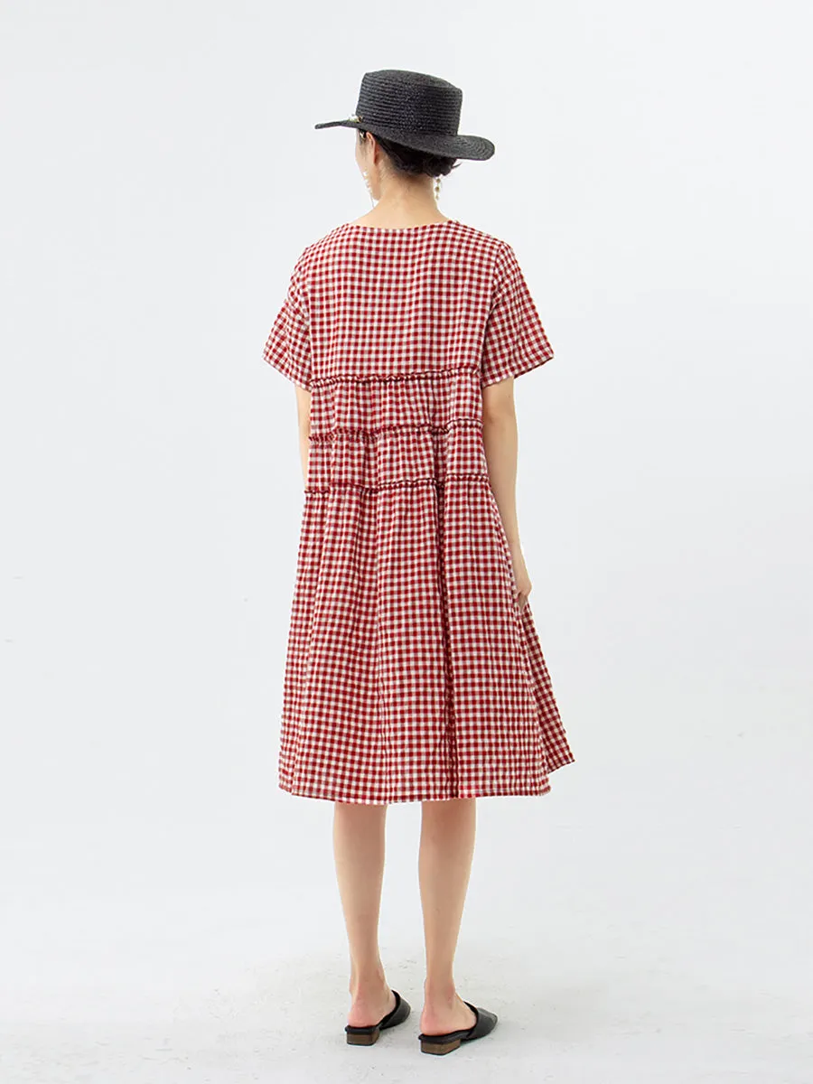 Plus Size 100%Cotton Short Sleeve Plaid Dress