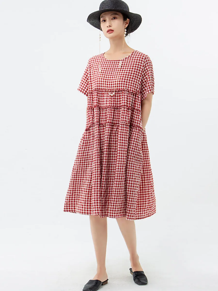 Plus Size 100%Cotton Short Sleeve Plaid Dress