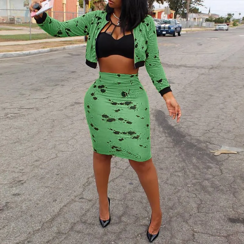 Print Long Sleeve Coat & Skirts Set