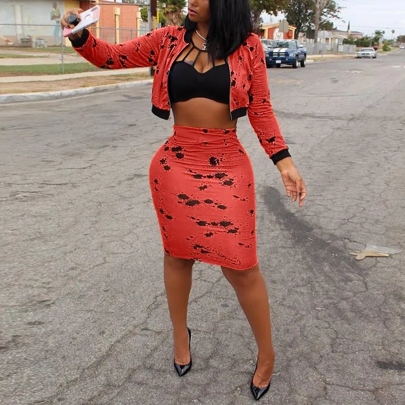 Print Long Sleeve Coat & Skirts Set