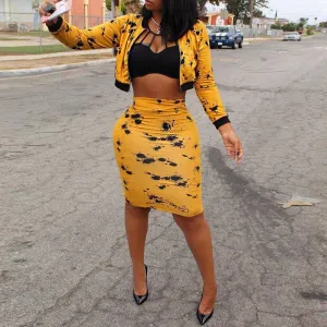 Print Long Sleeve Coat & Skirts Set