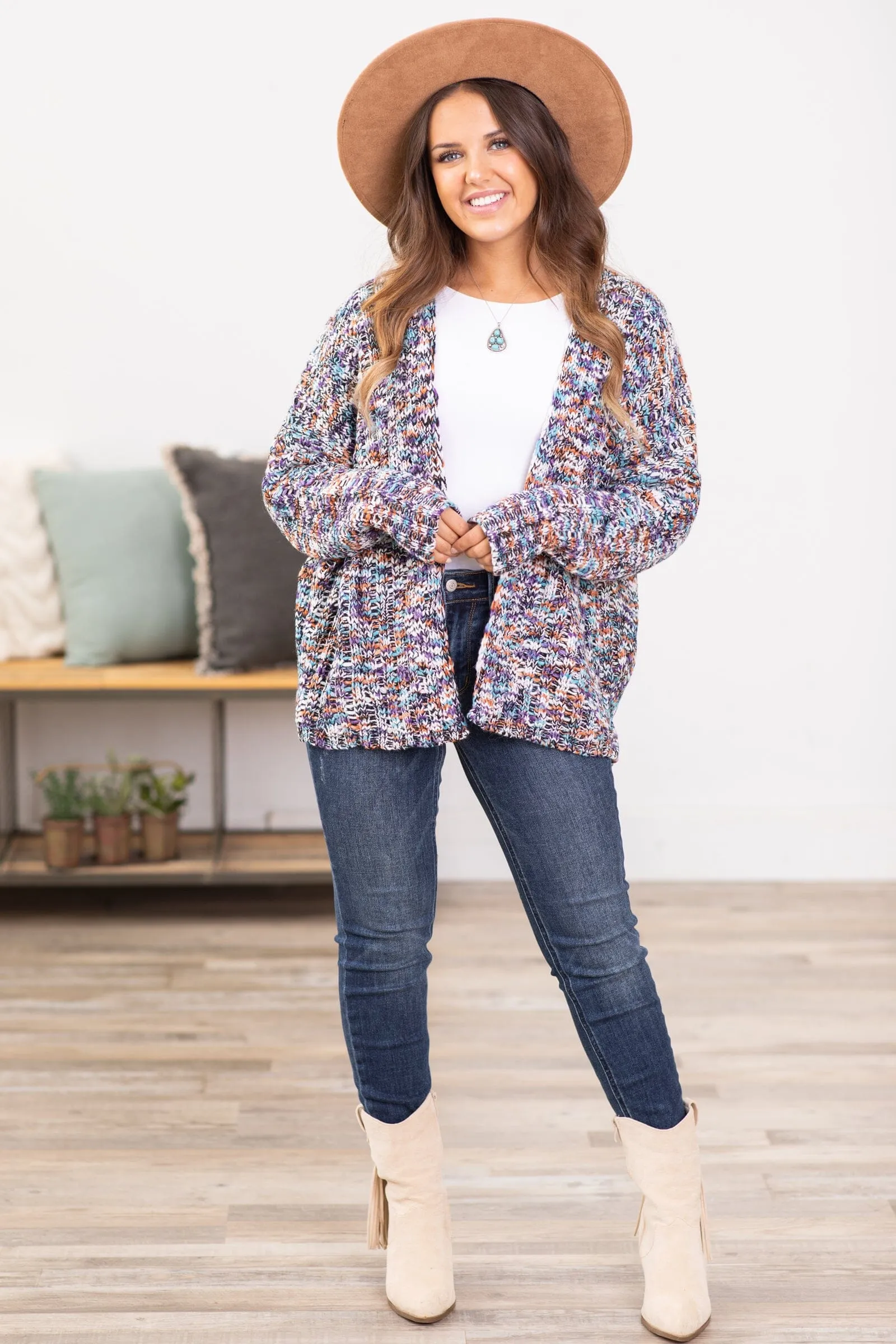Purple Multicolor Melange Textured Cardigan