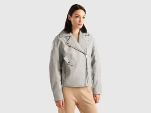 Relaxed Fit Lapel Neck Hammered Look Grey Jacket with Zip-Up Pockets