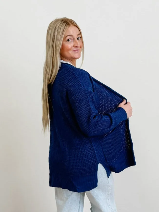 Relaxed Fit Waffle Open Cardigan Sweater in Navy