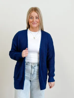 Relaxed Fit Waffle Open Cardigan Sweater in Navy