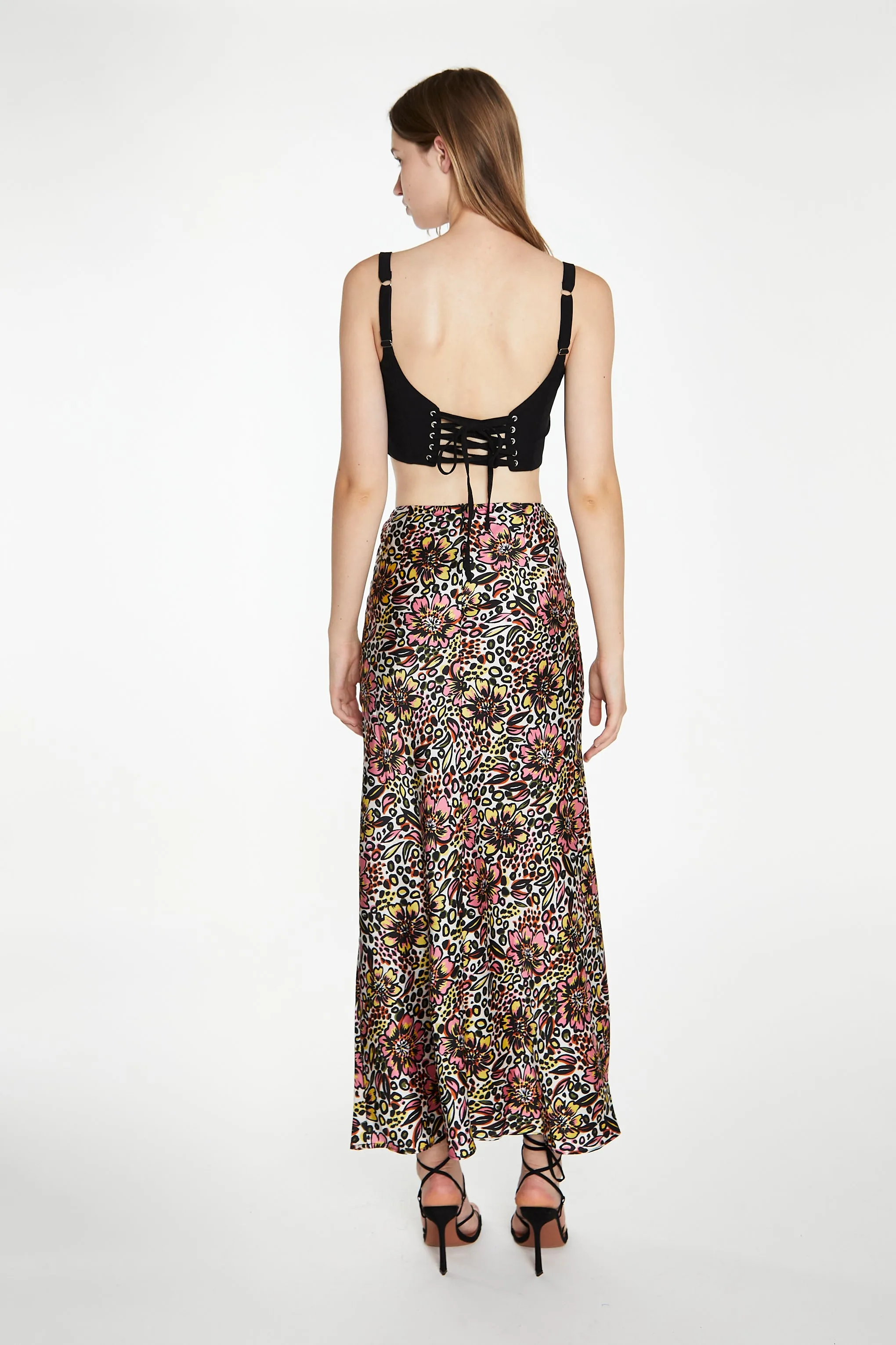 Retro Abstract Floral Bias-Cut Midaxi Skirt