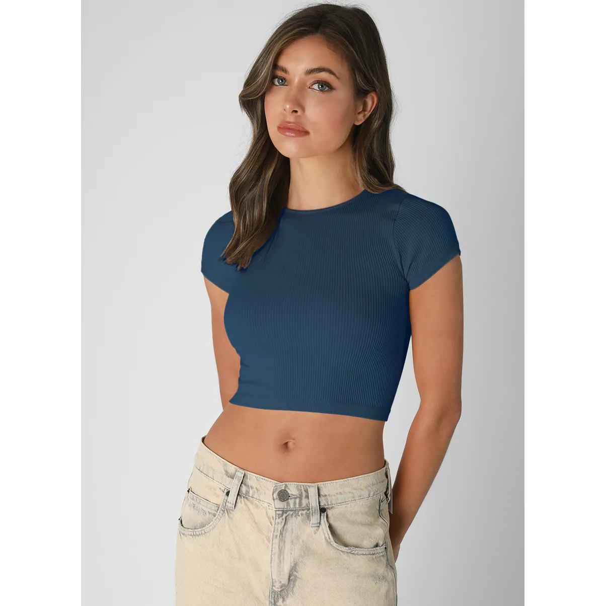 Ribbed Crop Baby Tee- Blue Opal
