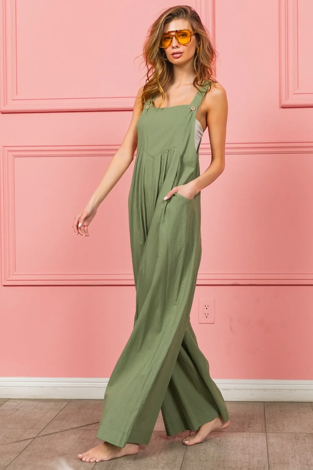 Ruched Wide Leg Overalls with Pockets by BiBi