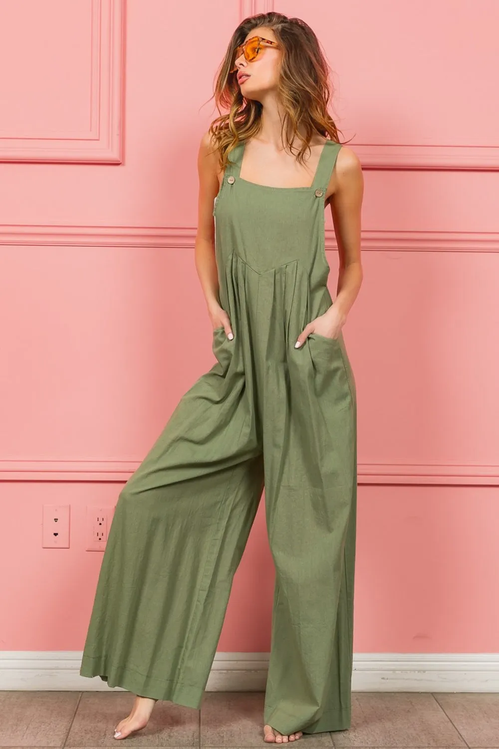 Ruched Wide Leg Overalls with Pockets by BiBi