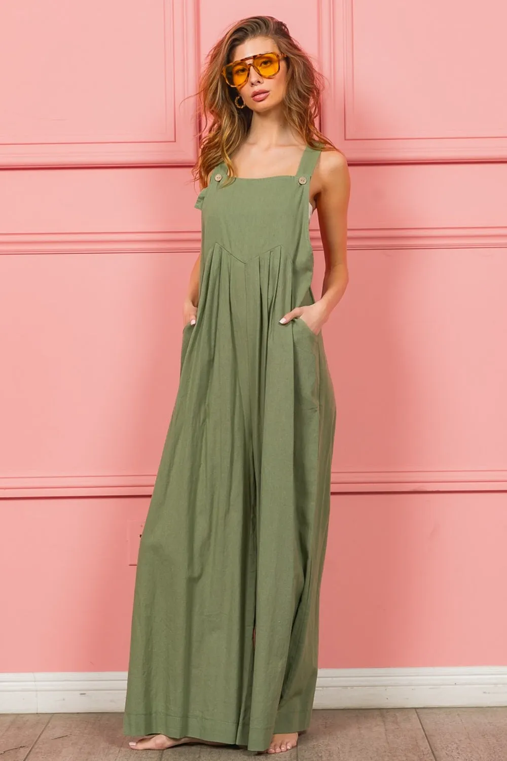 Ruched Wide Leg Overalls with Pockets by BiBi