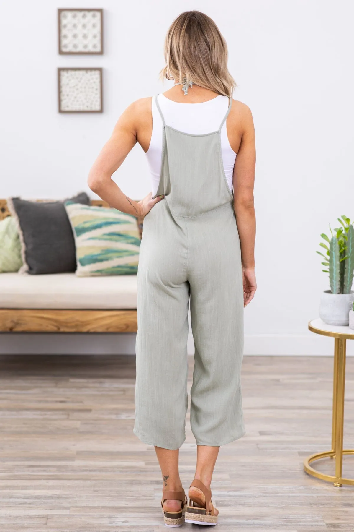 Sage Wide Leg Tie Strap Overalls