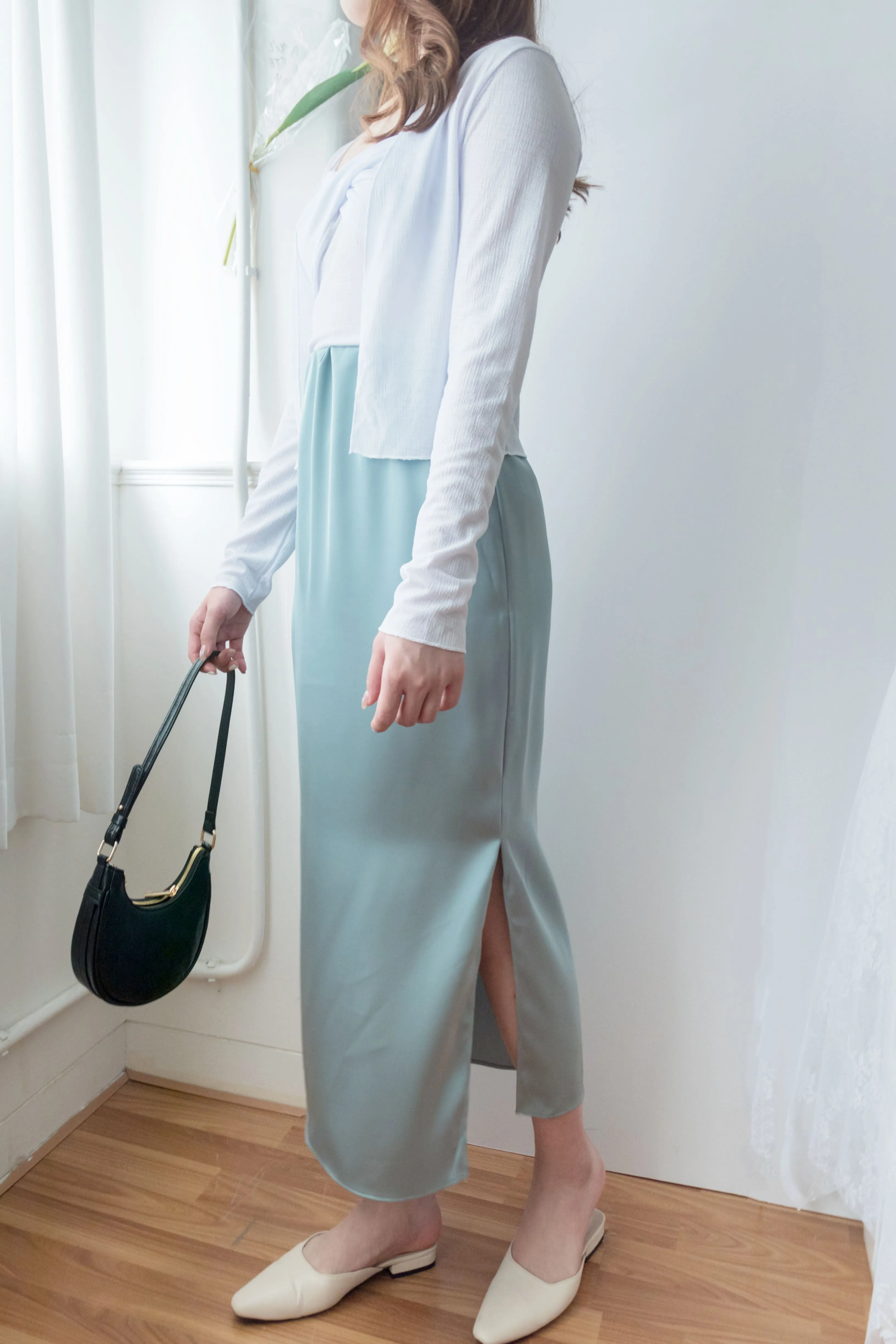 Simple Elegant 光澤湖水藍側開叉修身長裙, Skirt/ SK8631