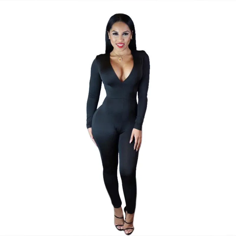 Skinny Deep V Neck Long Pants Jumpsuit Overalls Club Wear