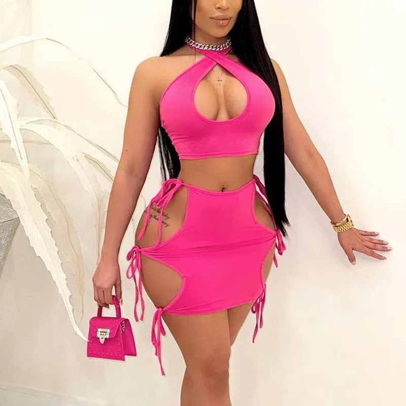 Solid Halter Hollow Out Bandage Skirts Set