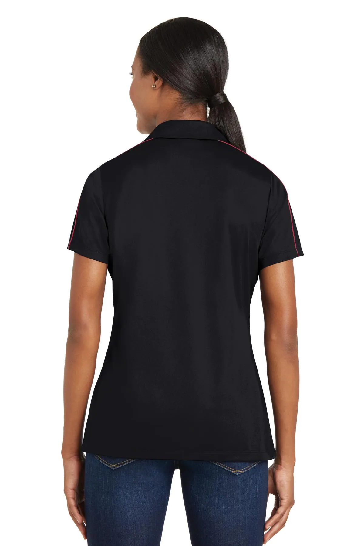 Sport-Tek Women's Micropique Sport-Wick Piped Polo. LST653 Black/ True Red