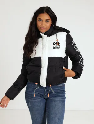 Sporty Monochrome Puffer Jacket - Black/White