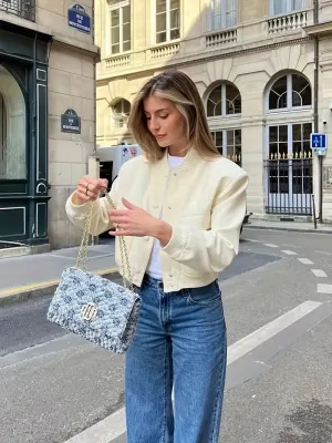 Stylish Women's Casual Bomber Jacket - Stand Collar Outerwear with Generous Pockets