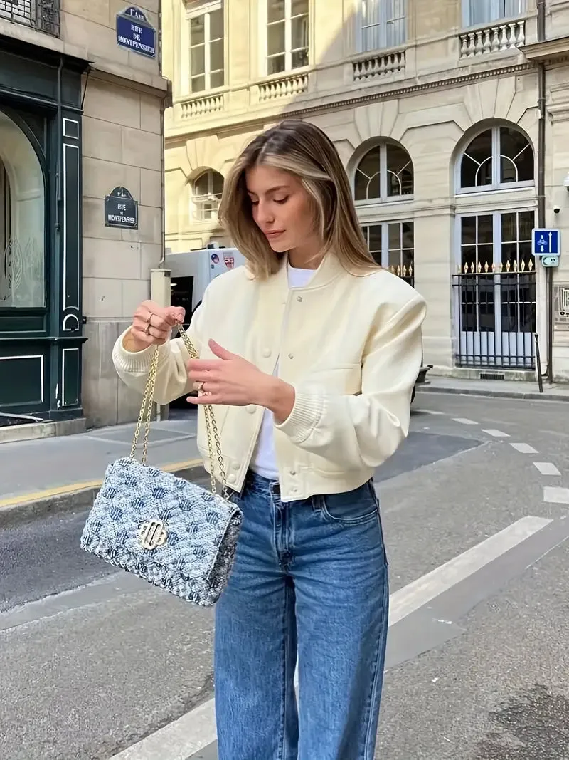 Stylish Women's Casual Bomber Jacket - Stand Collar Outerwear with Generous Pockets
