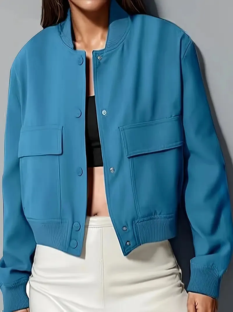 Stylish Women's Casual Bomber Jacket - Stand Collar Outerwear with Generous Pockets