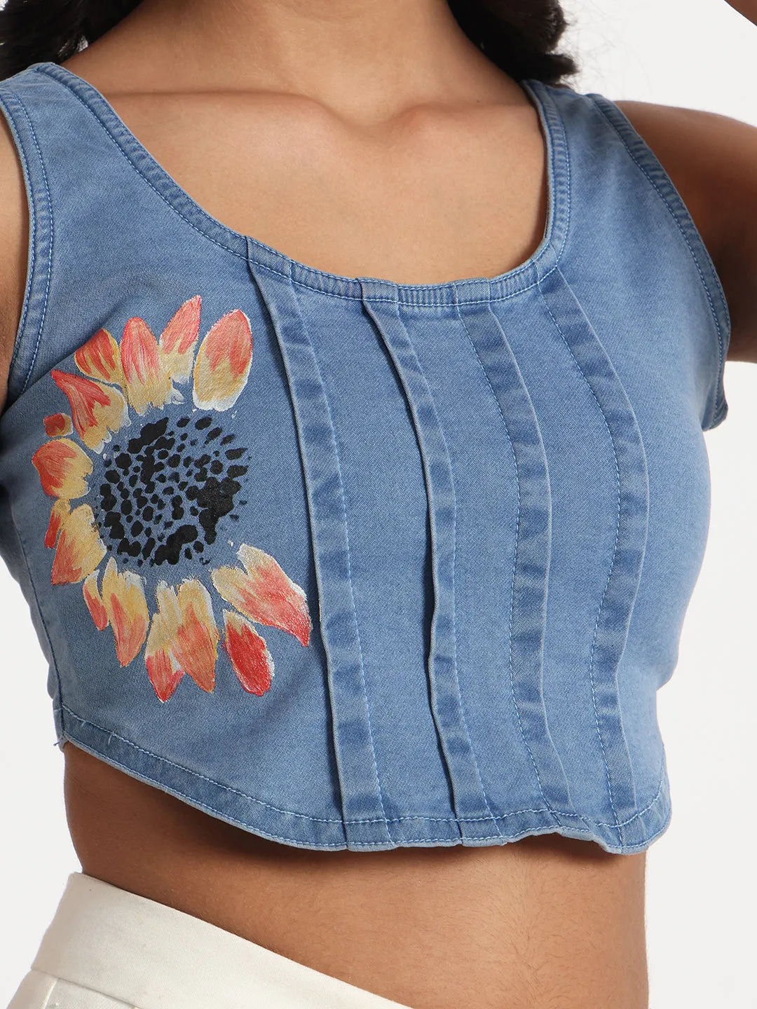 Sunflower Bliss Hand-Painted Denim Crop Top