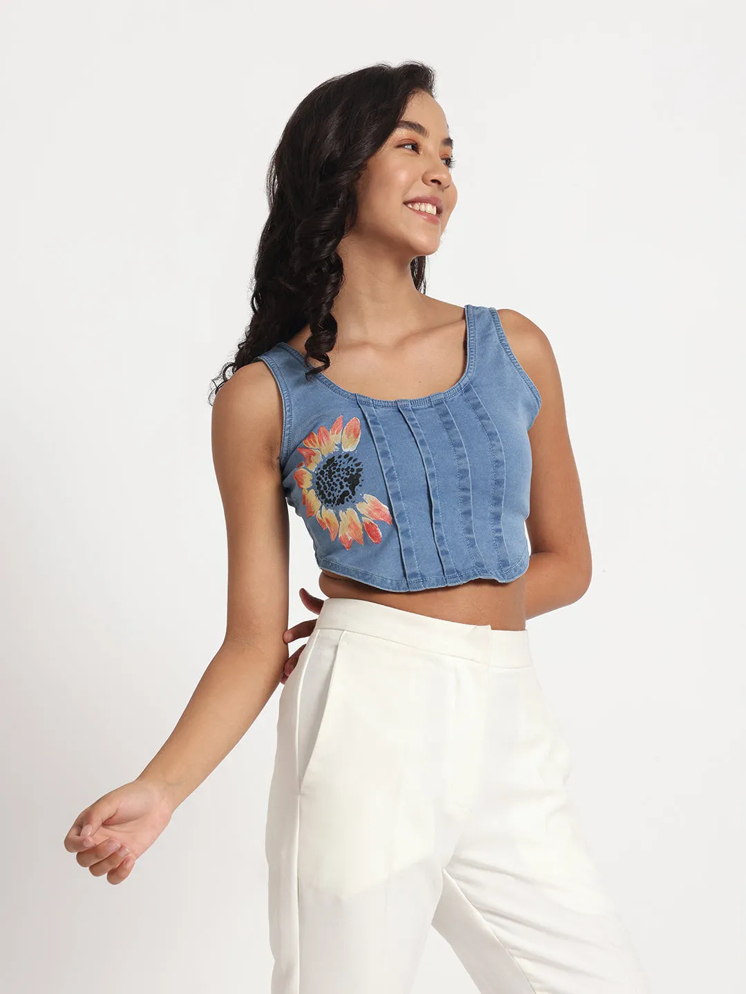 Sunflower Bliss Hand-Painted Denim Crop Top