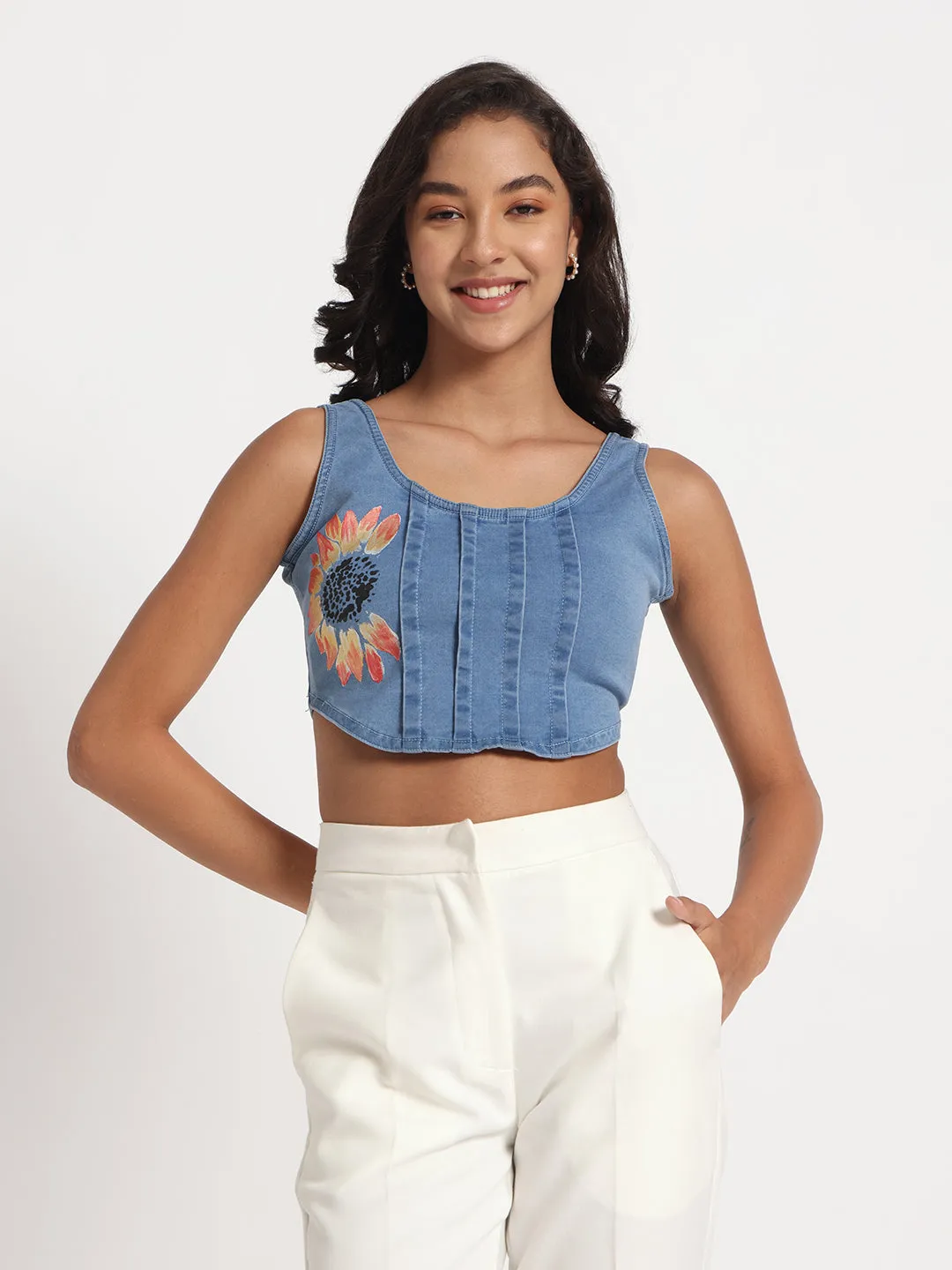 Sunflower Bliss Hand-Painted Denim Crop Top