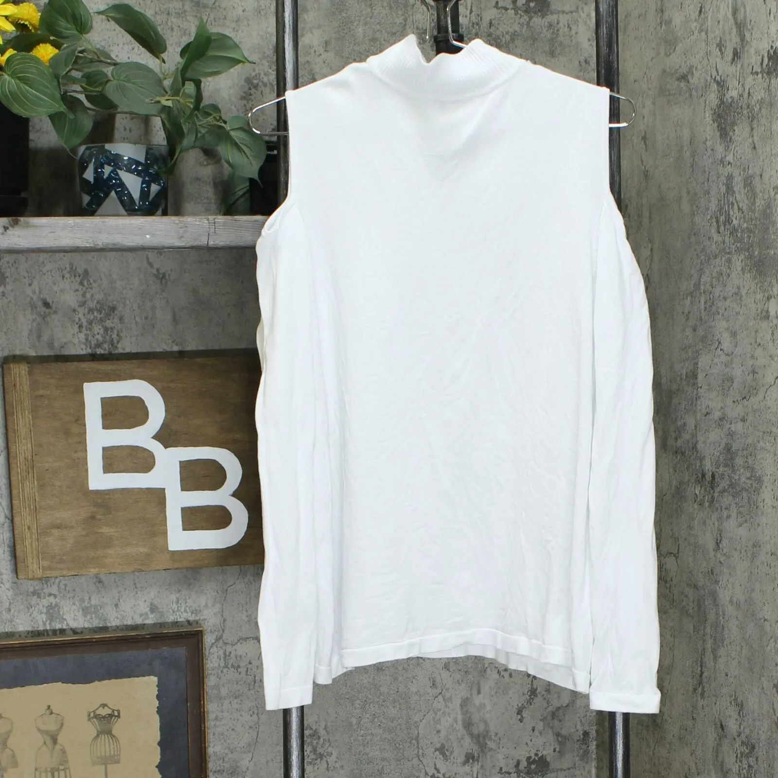 Susan Graver Women's Cold Shoulder Mock Neck Sweater White Medium