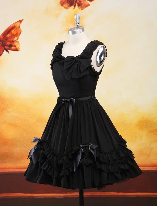 Sweet Black Straps Neck Bow Chiffon Cute Lolita Jumper Skirt