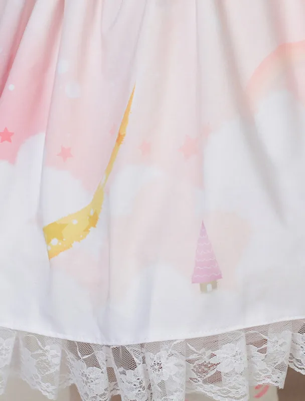 Sweet Light Pink White Printed Lolita Skirt with Lace Trim